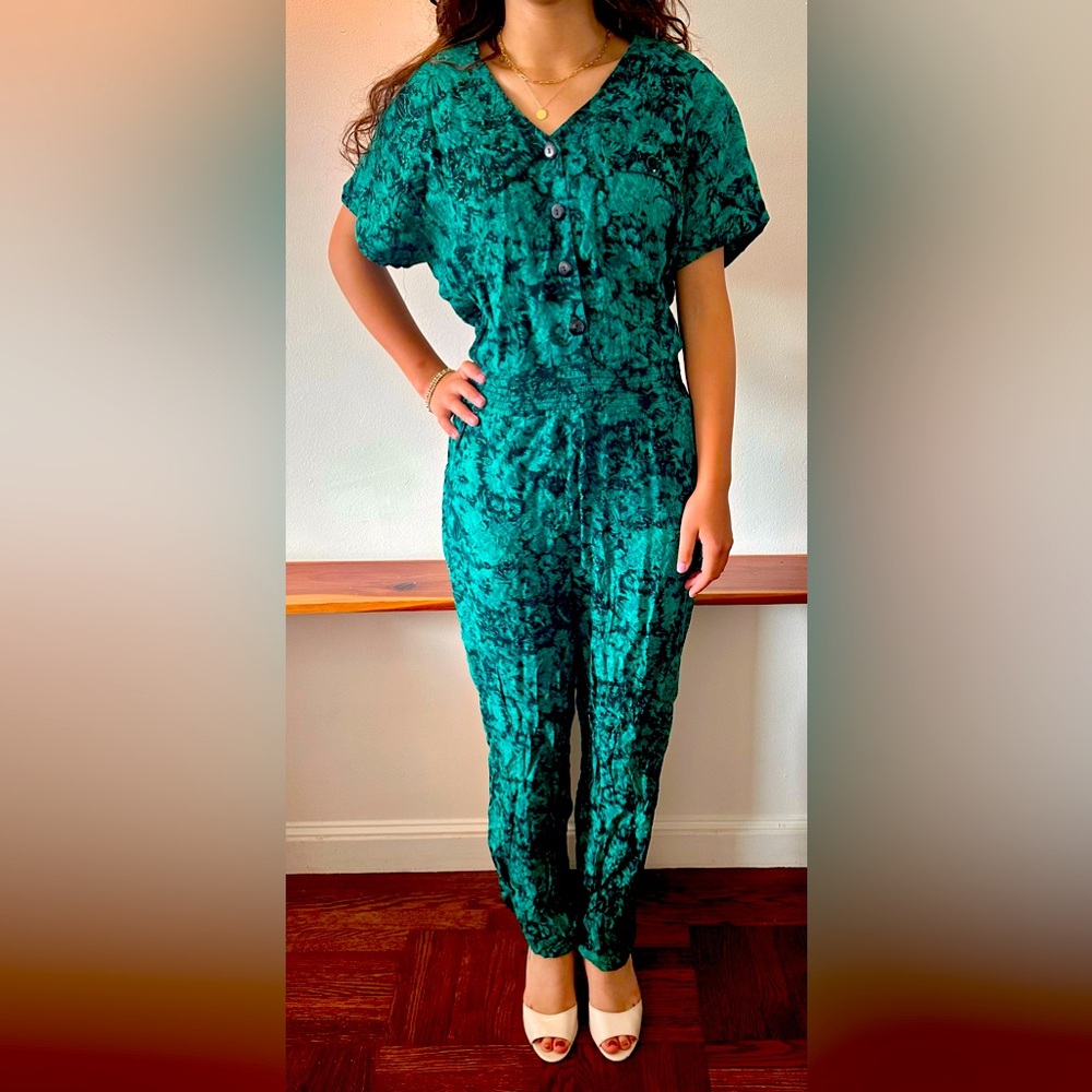 Vintage 90s Taurus floral turquoise Jumpsuit -medium